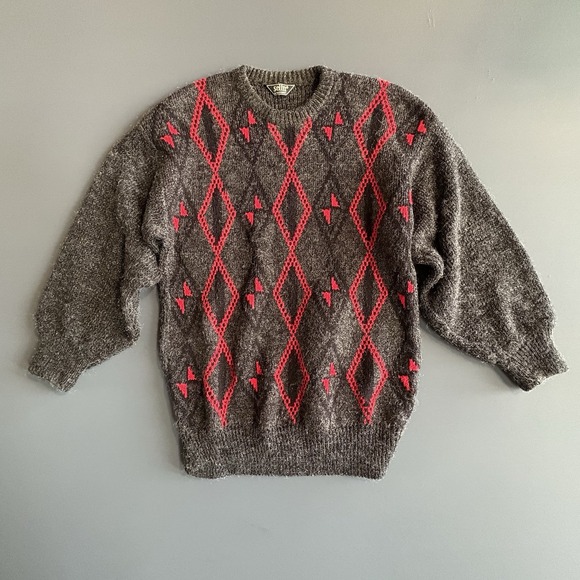 Sweaters - Vintage Women's Selin Argyle‎ Sweater Size Large Black Red 1980s